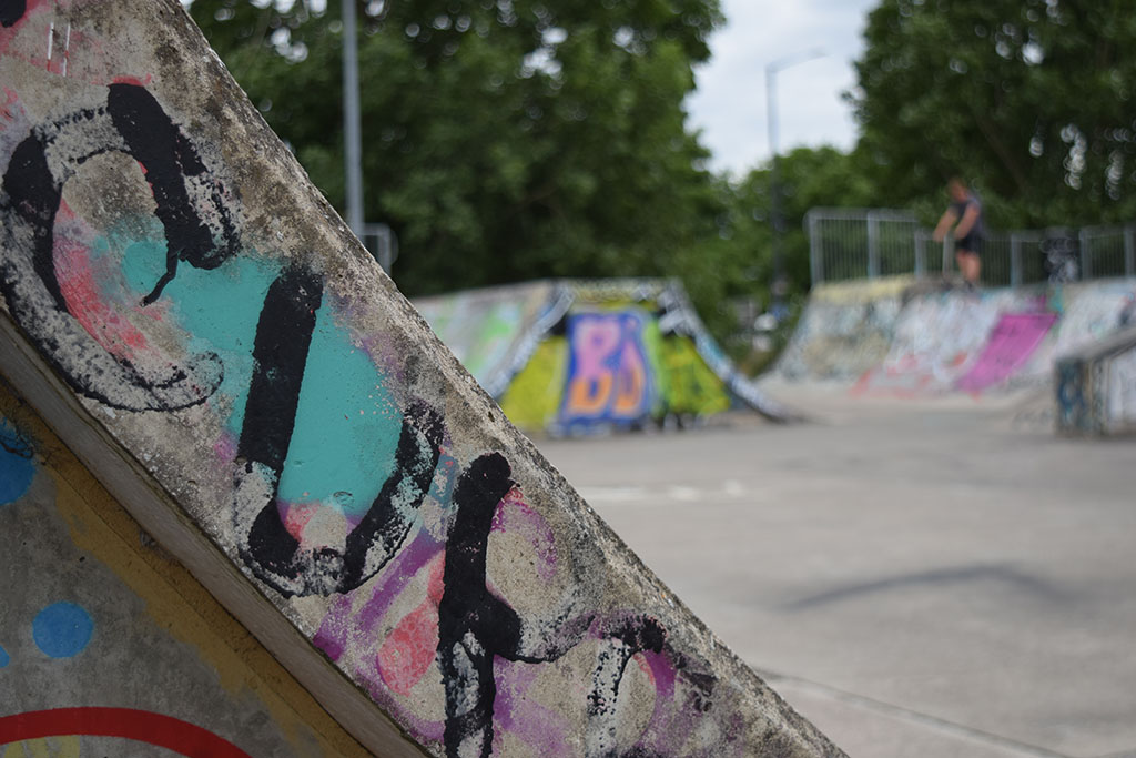 A shot of a skatepark from a low angle