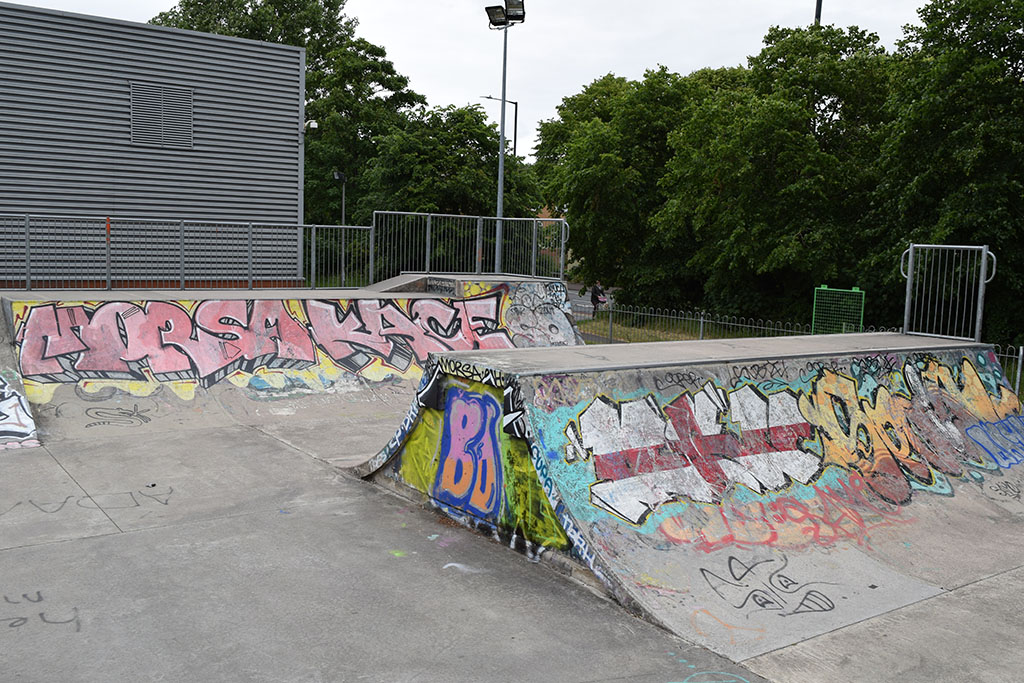 The view of a skatepark from a ramp